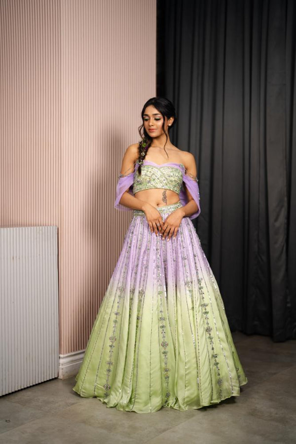 Shaded Satin Organza Lehenga In Green And Lavender With Off-Shoulder Blouse And Princess Drape