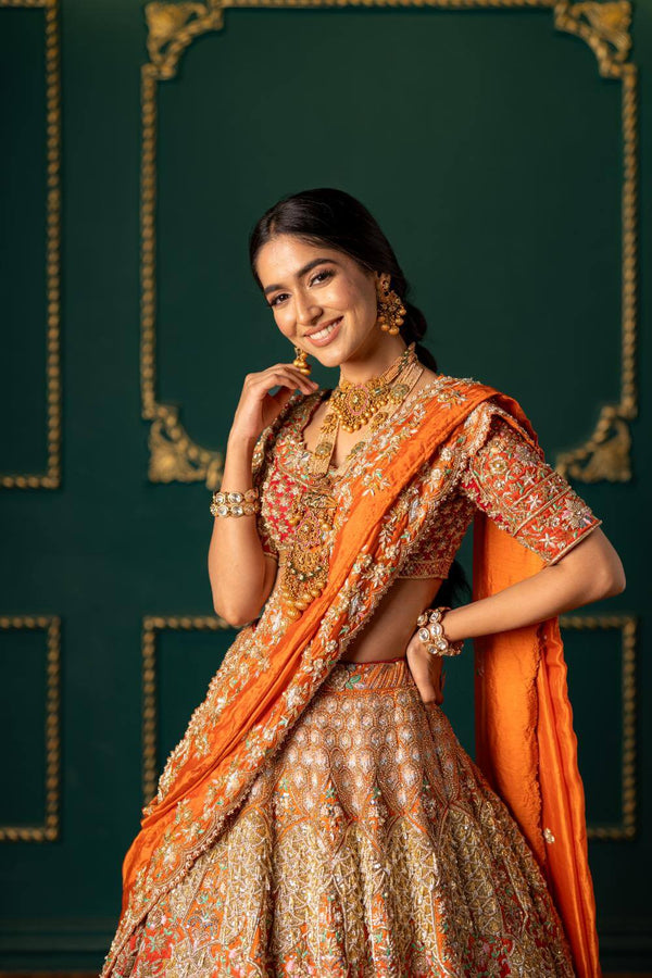 Shaded Orange To Red Hand Embroidered Bridal Lehenga Set