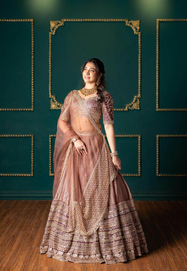Brown Tissue Hand Embroidered Lehenga Set