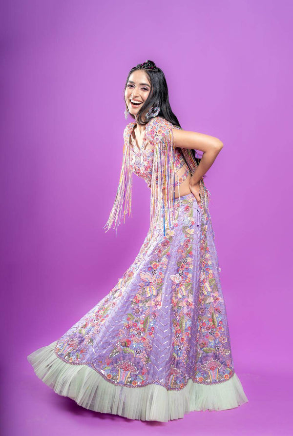 Lavender Pure Satin Organza Hand Embroidered Lehenga Set With Halter Strap Blouse And Jacket.