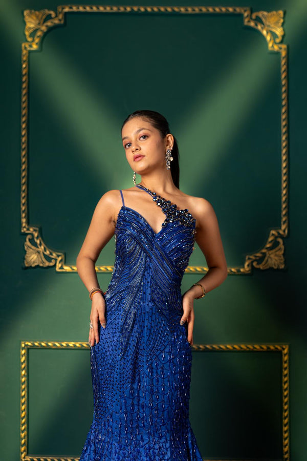 Cobalt Blue Fish-Cut Embellished Gown