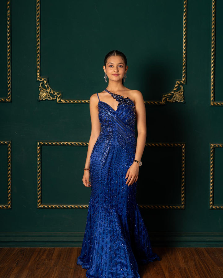 Cobalt Blue Fish-Cut Embellished Gown Cobalt Blue Fish-Cut Embellished Gown