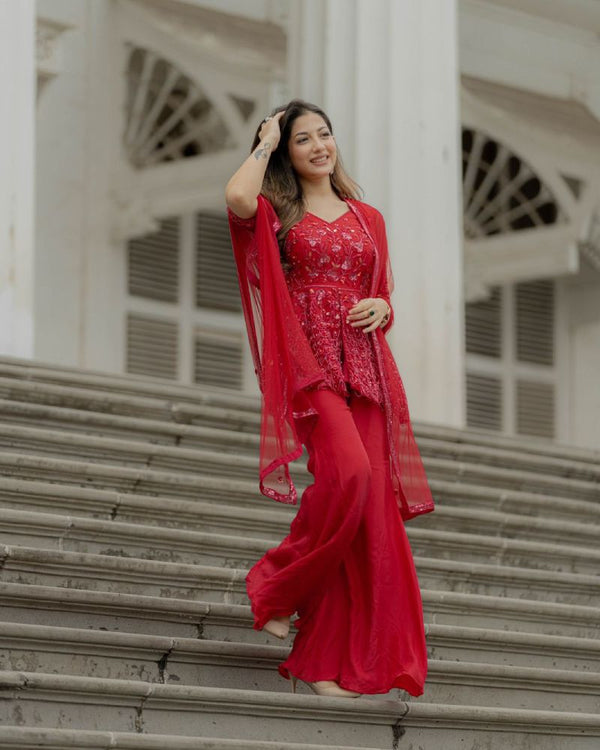 Classic Bold Red Flared Top And Pant Set